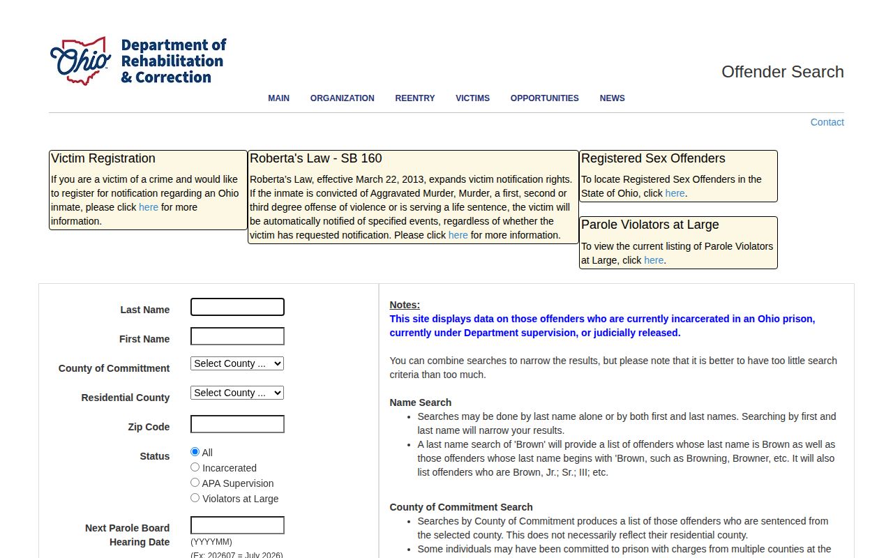 ODRC search fields for Ross County released inmate records